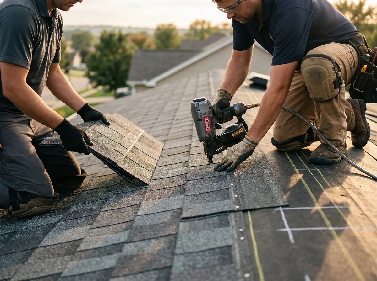 Professional roofer working on a residential roof in Phelan